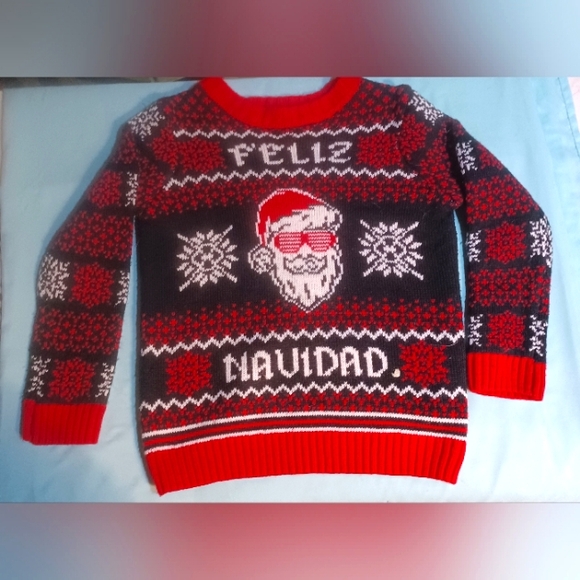 Holiday Time Girls Christmas Sweater Featuring Funny Santa Saying Feliz Navidad - Picture 1 of 15